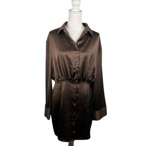 Oval Square Chocolate Brown Silky‎ Button Down Long Sleeve Dress Size Medium